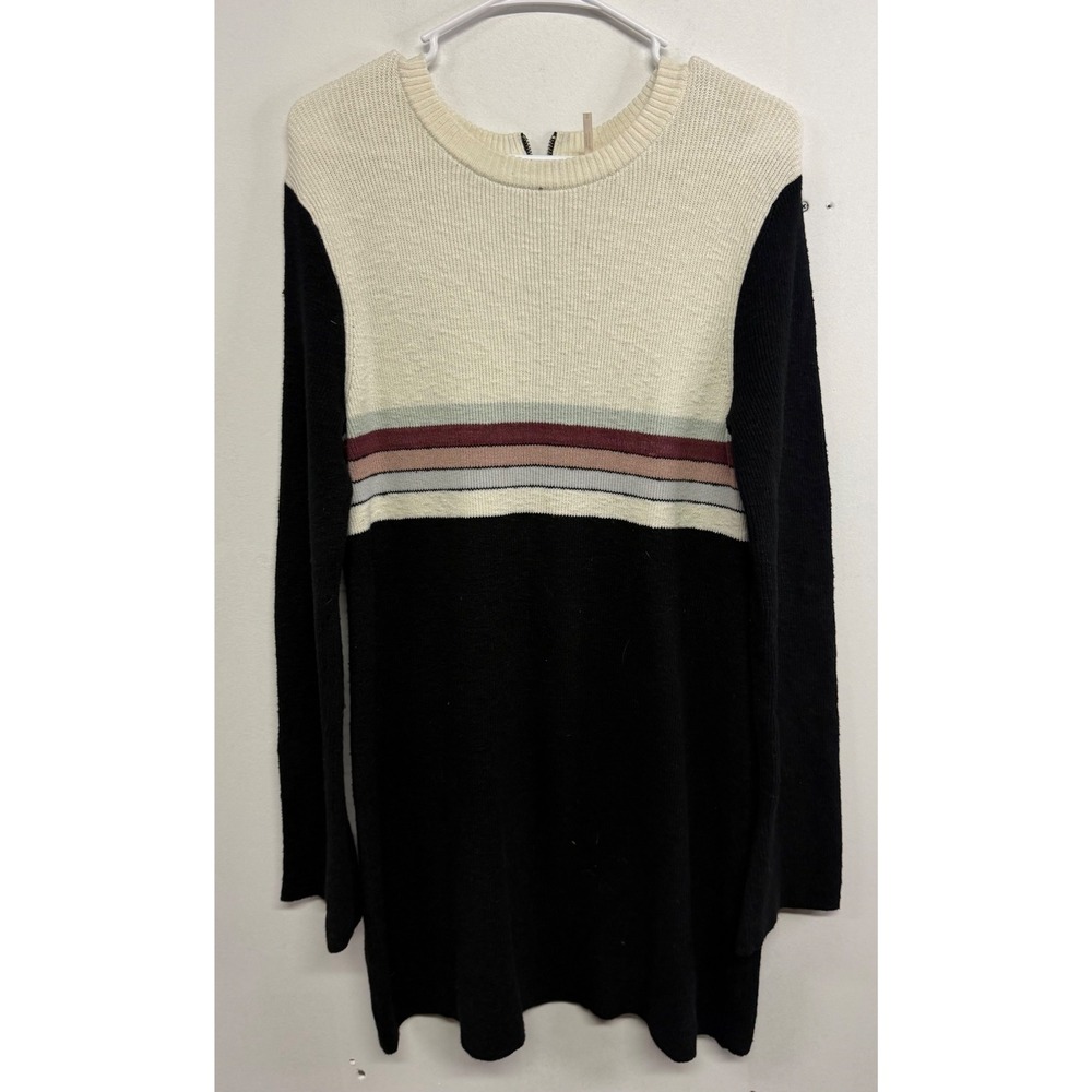 Free People OB526177 Colorblock Striped Zip Front Sweater Dress Black Cream M